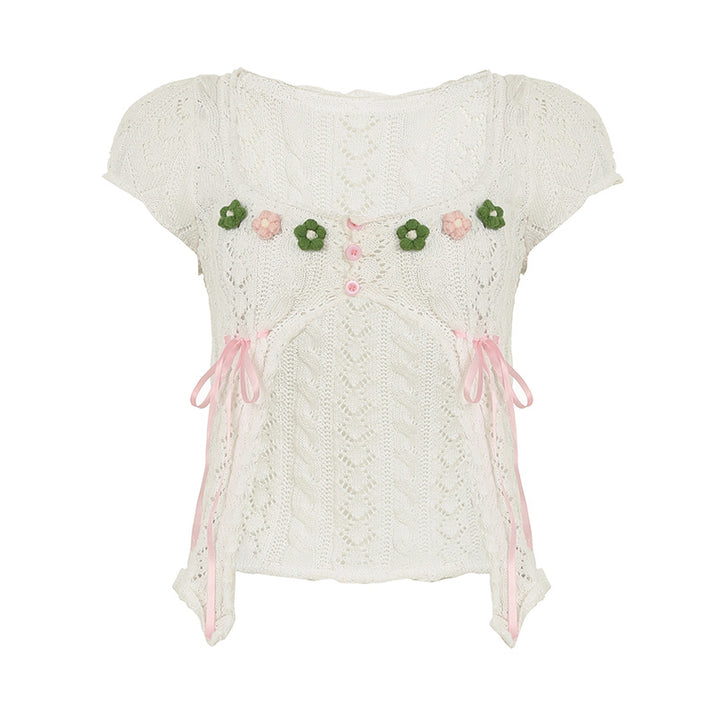 Vintage Knit Floral Lace-Up Open Front Top - Vedlit