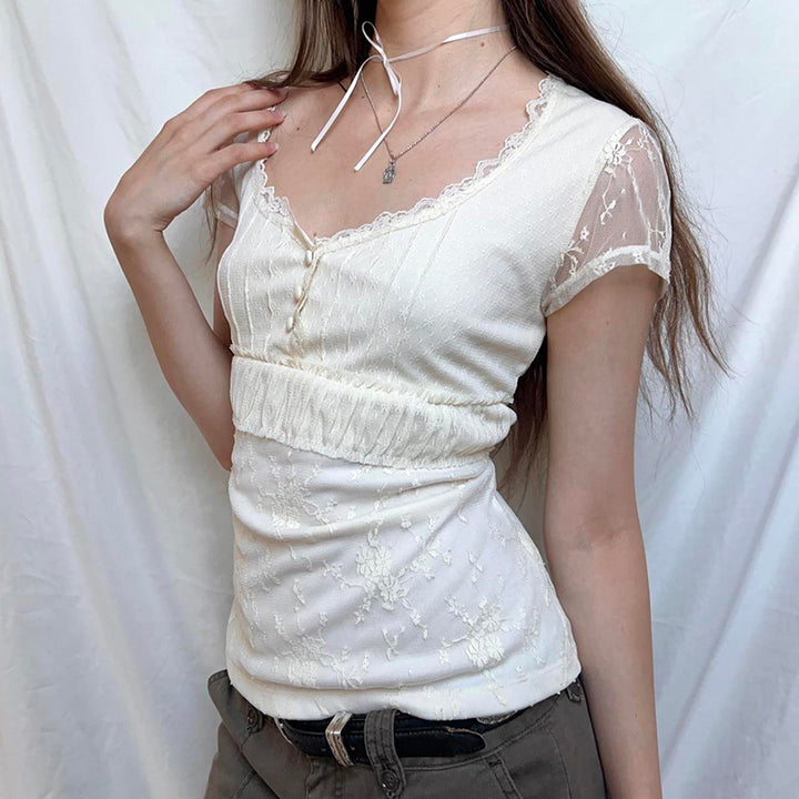 Vintage Lace Button Detail Sheer Sleeve Top - Cream White - Vedlit