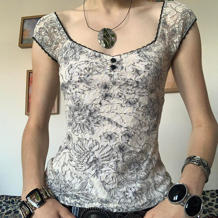 Vintage Lace Floral Cap Sleeve Top with Button Detail - Vedlit