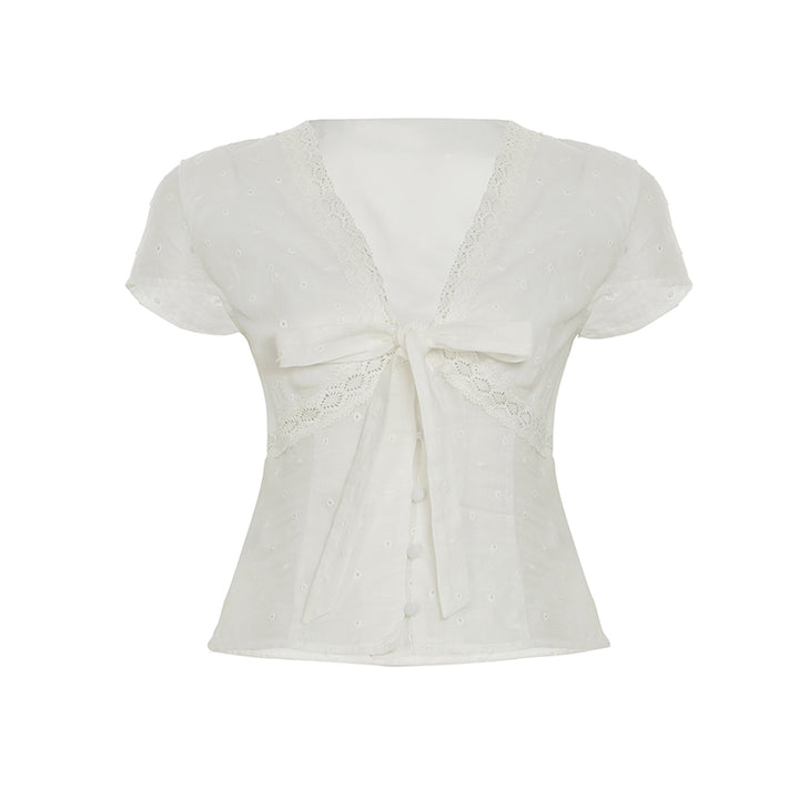 Vintage Lace Tie Front Eyelet Crop Blouse Top - Vedlit