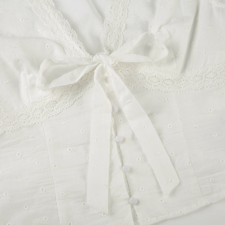 Vintage Lace Tie Front Eyelet Crop Blouse Top - Vedlit