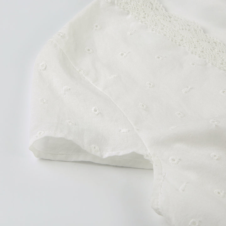 Vintage Lace Tie Front Eyelet Crop Blouse Top - Vedlit