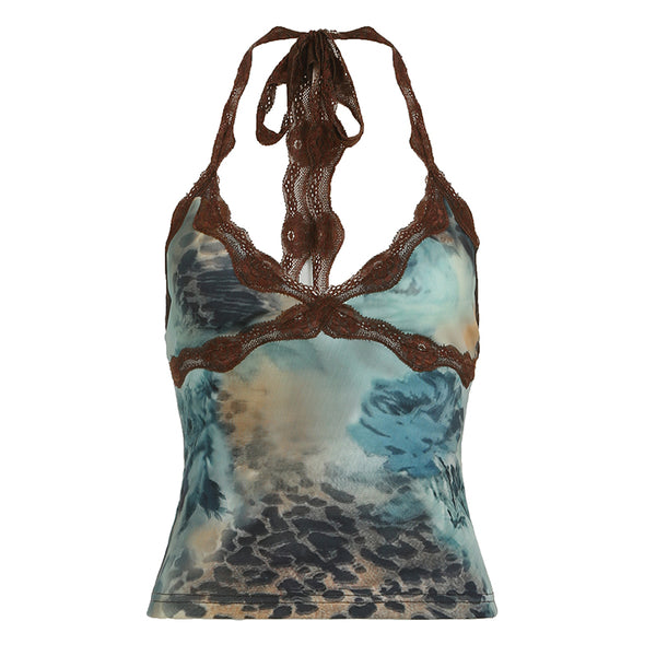 Vintage Lace Trim Backless Halter Top Y2K Leopard Print - Vedlit