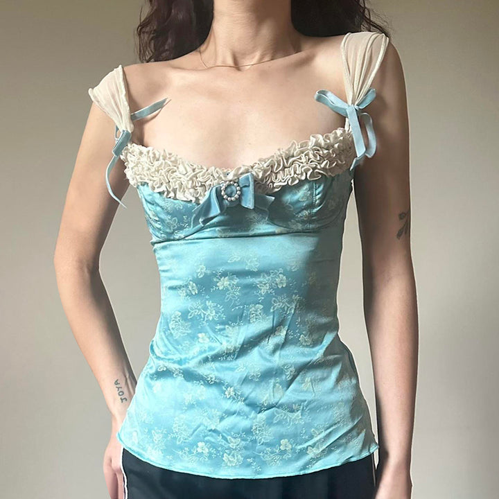 Vintage Lace Trim Floral Corset Top in Blue Satin - Vedlit