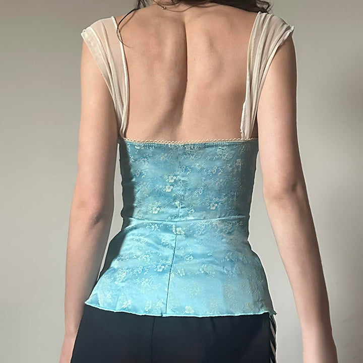 Vintage Lace Trim Floral Corset Top in Blue Satin - Vedlit