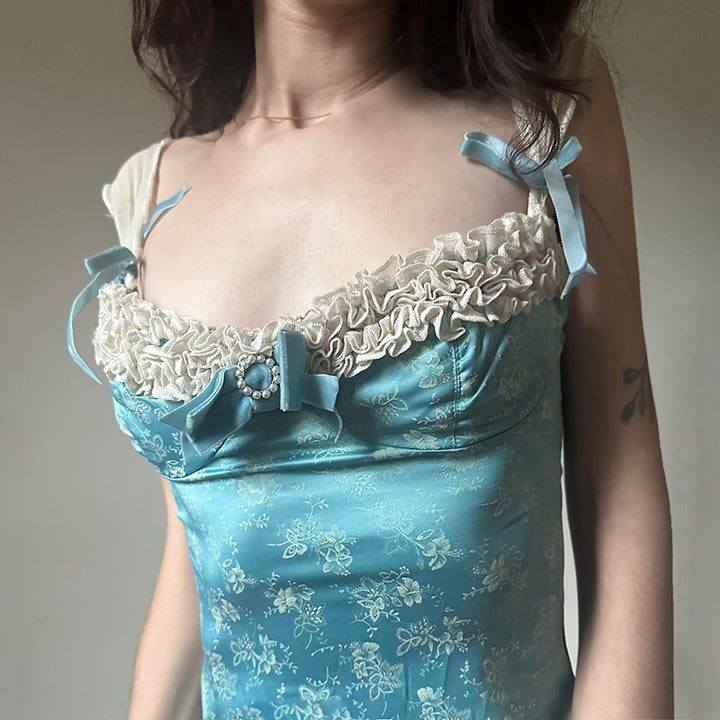 Vintage Lace Trim Floral Corset Top in Blue Satin - Vedlit