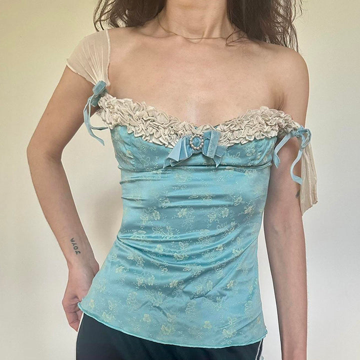 Vintage Lace Trim Floral Corset Top in Blue Satin - Vedlit