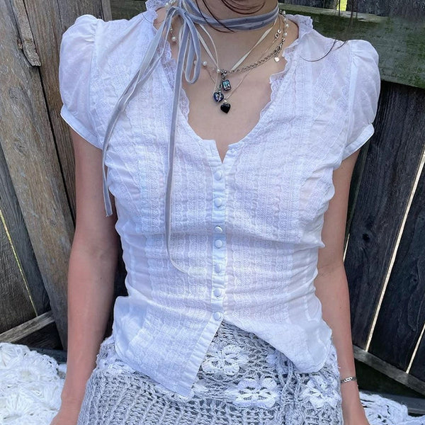Vintage Lace-Trim Puff Sleeve Button Blouse – White - Vedlit