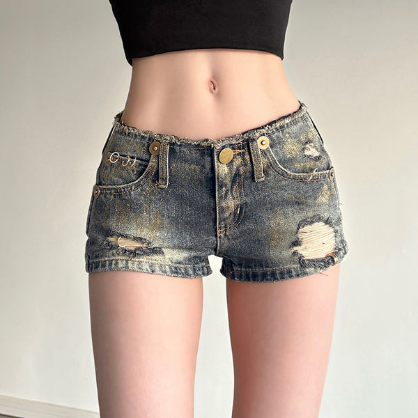 Vintage Low-Rise Ripped Denim Shorts for Women - Vedlit