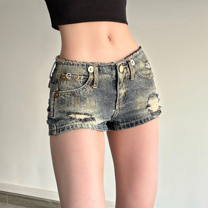 Vintage Low-Rise Ripped Denim Shorts for Women - Vedlit