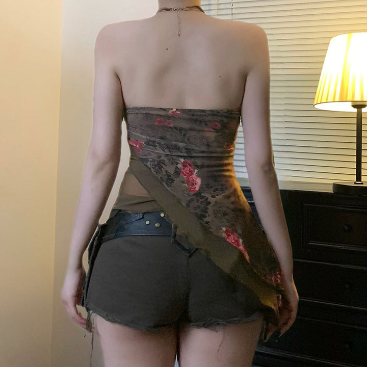 Vintage Mesh Floral Print Strapless Top with Asym Hem - Vedlit