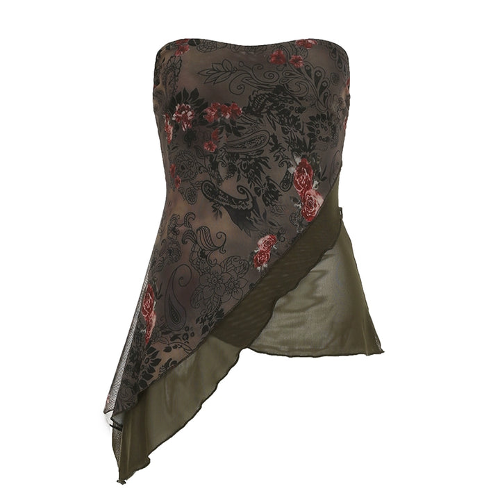 Vintage Mesh Floral Print Strapless Top with Asym Hem - Vedlit