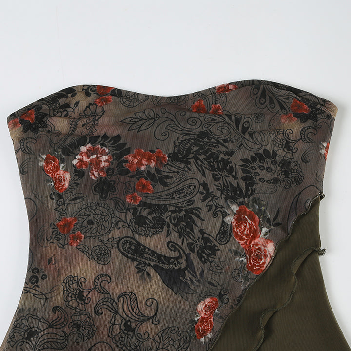 Vintage Mesh Floral Print Strapless Top with Asym Hem - Vedlit