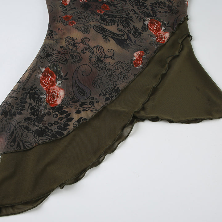 Vintage Mesh Floral Print Strapless Top with Asym Hem - Vedlit