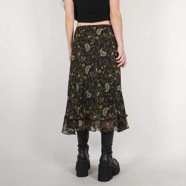 Vintage Paisley Mesh Midi Skirt with Ruffle Hem - Vedlit