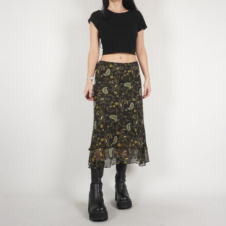 Vintage Paisley Mesh Midi Skirt with Ruffle Hem - Vedlit