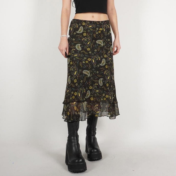 Vintage Paisley Mesh Midi Skirt with Ruffle Hem - Vedlit