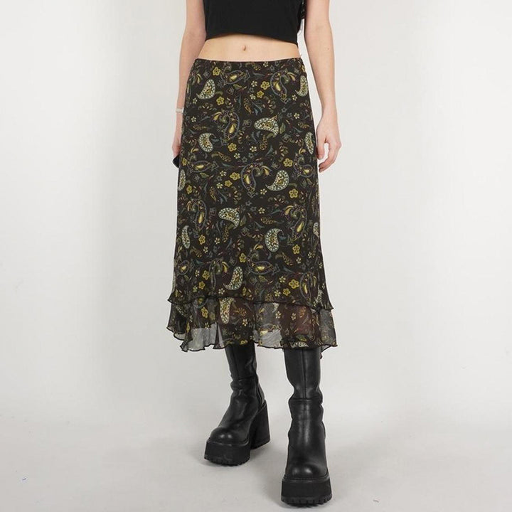 Vintage Paisley Mesh Midi Skirt with Ruffle Hem - Vedlit