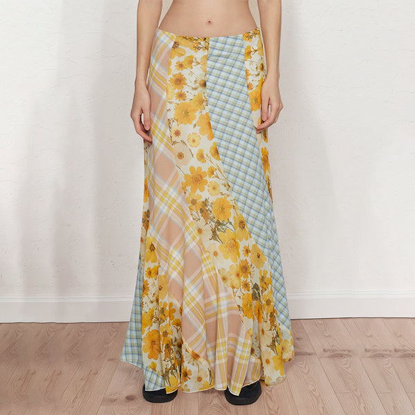 Vintage Patchwork Floral Maxi Skirt with Plaid Mix - Vedlit