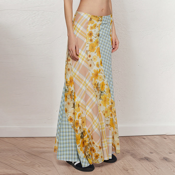 Vintage Patchwork Floral Maxi Skirt with Plaid Mix - Vedlit