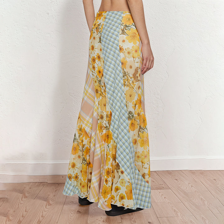Vintage Patchwork Floral Maxi Skirt with Plaid Mix - Vedlit