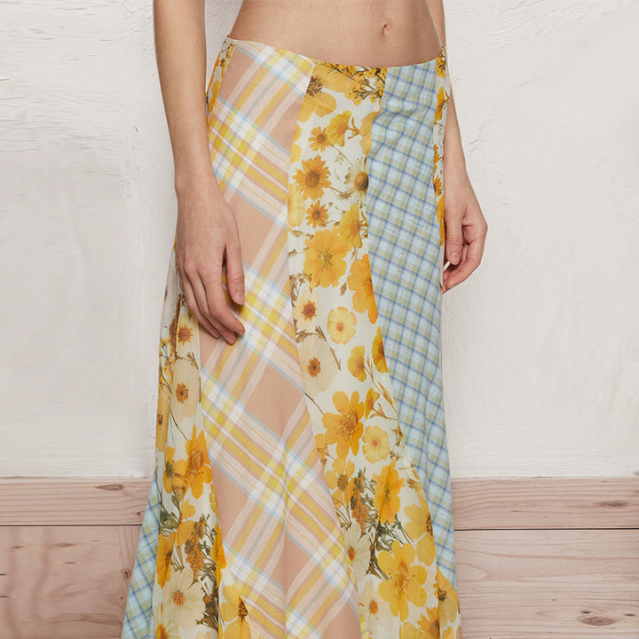 Vintage Patchwork Floral Maxi Skirt with Plaid Mix - Vedlit