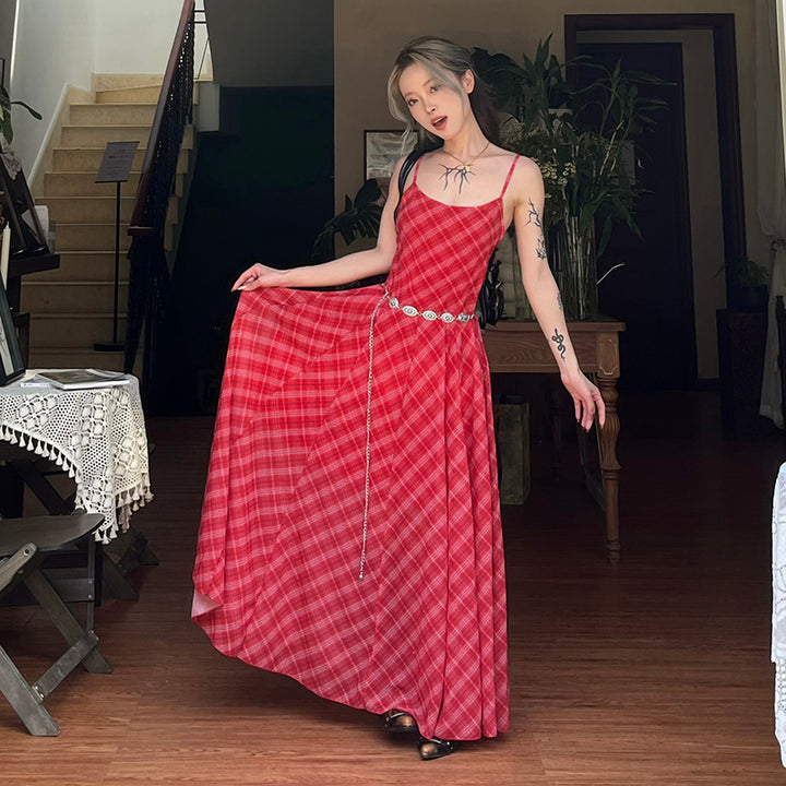 Vintage Plaid Maxi Dress with Silver Concho Belt - Vedlit