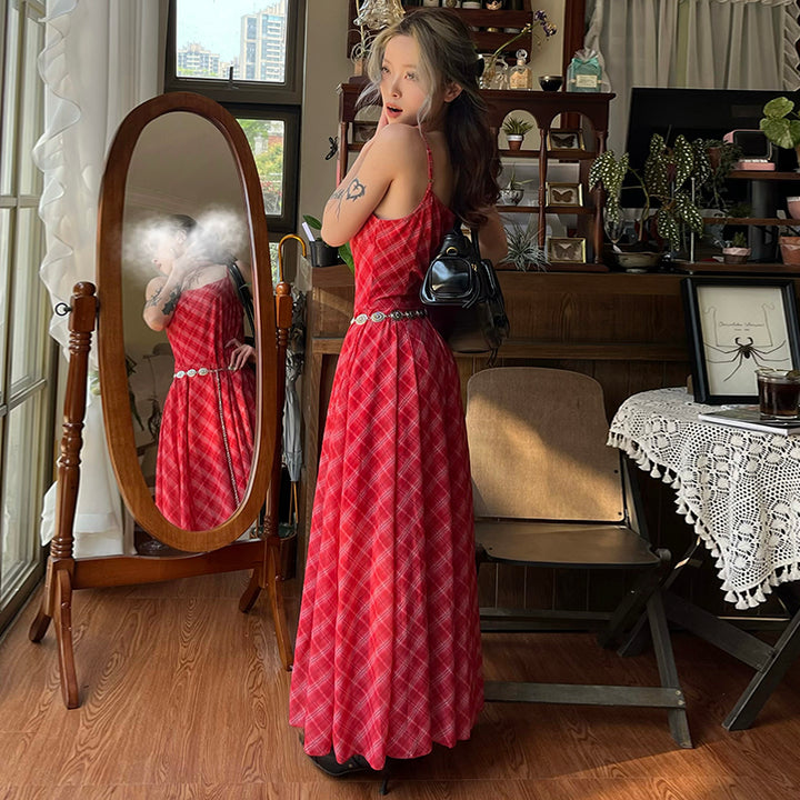 Vintage Plaid Maxi Dress with Silver Concho Belt - Vedlit