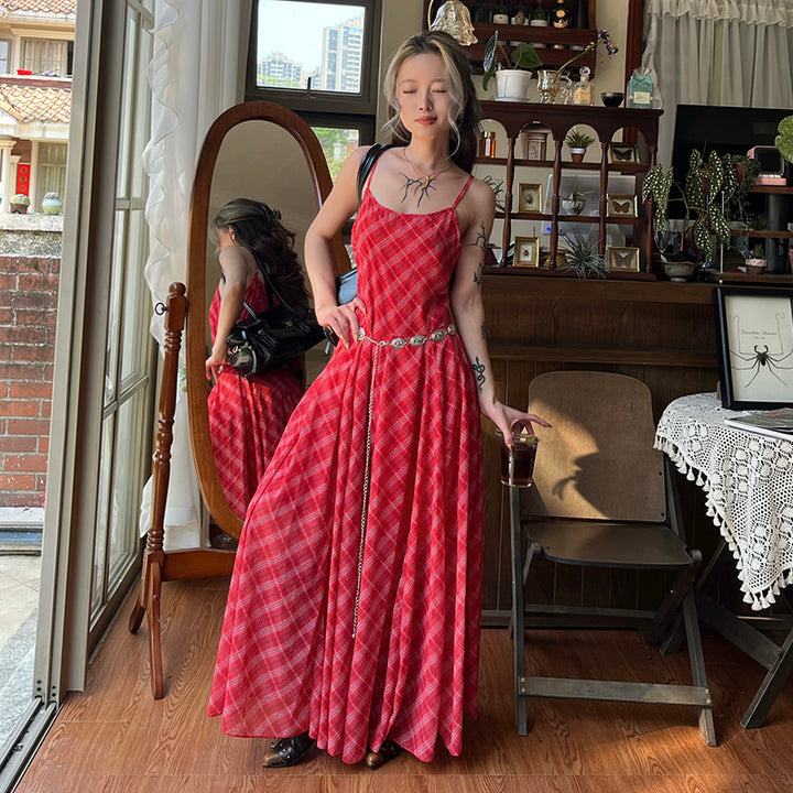 Vintage Plaid Maxi Dress with Silver Concho Belt - Vedlit