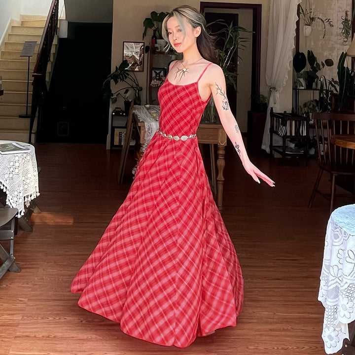 Vintage Plaid Maxi Dress with Silver Concho Belt - Vedlit
