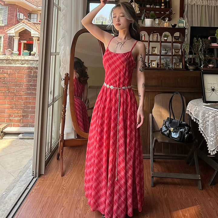 Vintage Plaid Maxi Dress with Silver Concho Belt - Vedlit