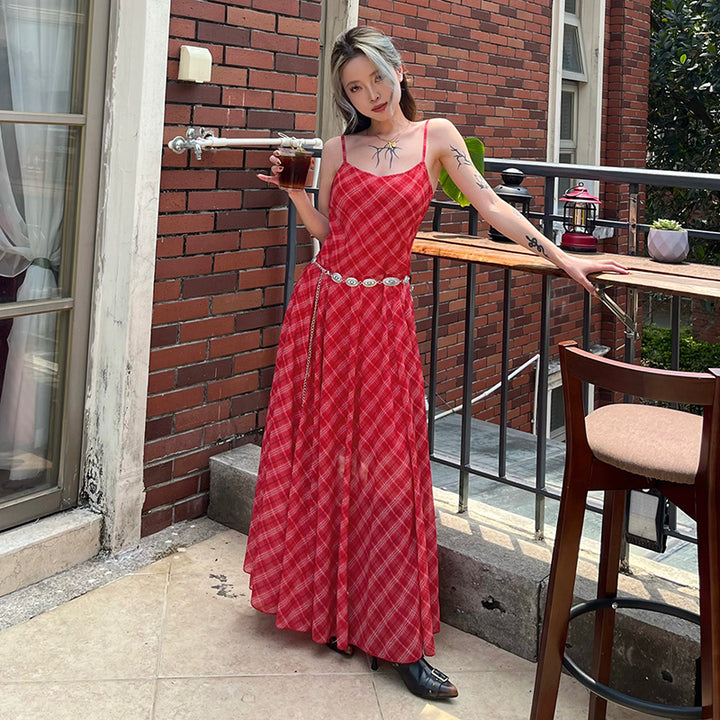 Vintage Plaid Maxi Dress with Silver Concho Belt - Vedlit