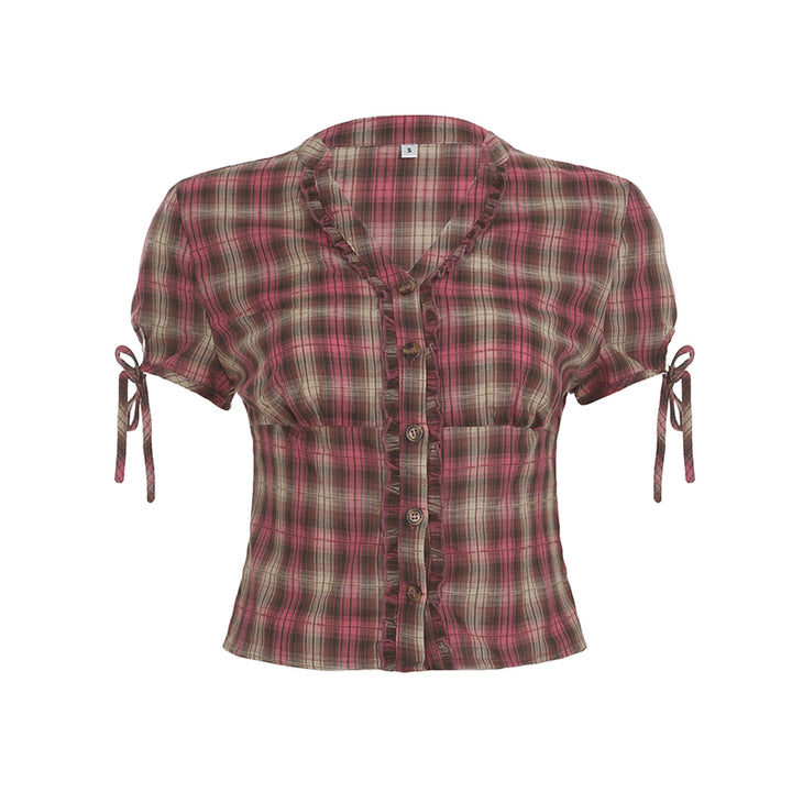 Vintage Plaid Ruffle Button-Up Blouse with Tie Sleeves - Vedlit