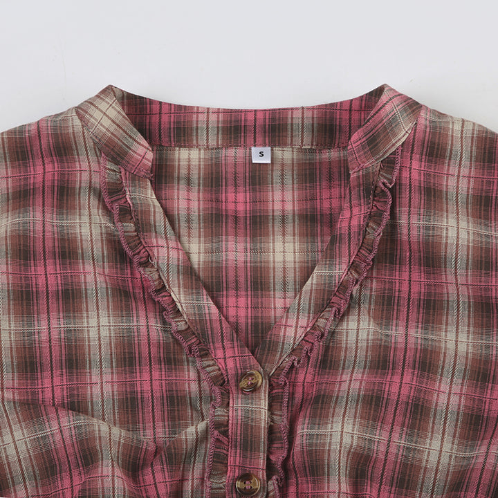 Vintage Plaid Ruffle Button-Up Blouse with Tie Sleeves - Vedlit
