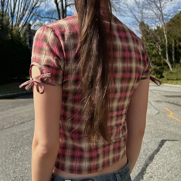 Vintage Plaid Ruffle Button-Up Blouse with Tie Sleeves - Vedlit