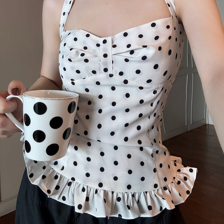 Vintage Polka Dot Halter Ruffle Top in Black or White - Vedlit