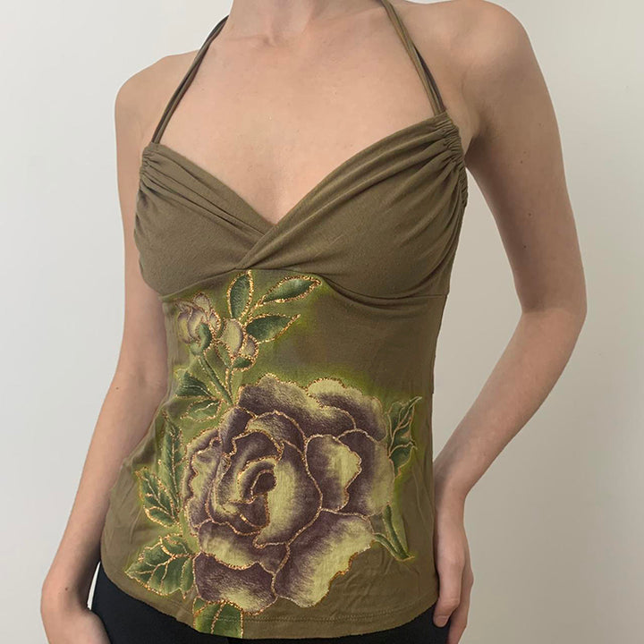 Vintage Rose Halter Top with Open Back – Olive Floral - Vedlit