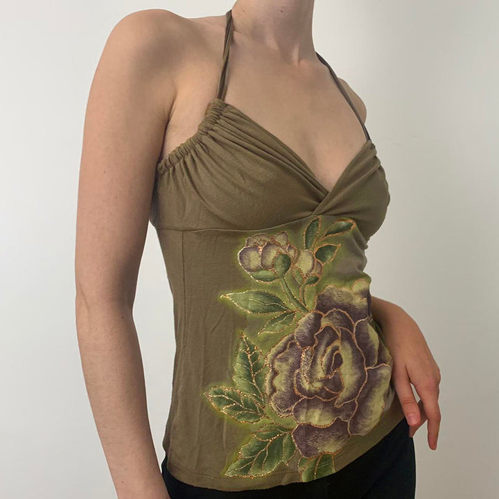 Vintage Rose Halter Top with Open Back – Olive Floral - Vedlit