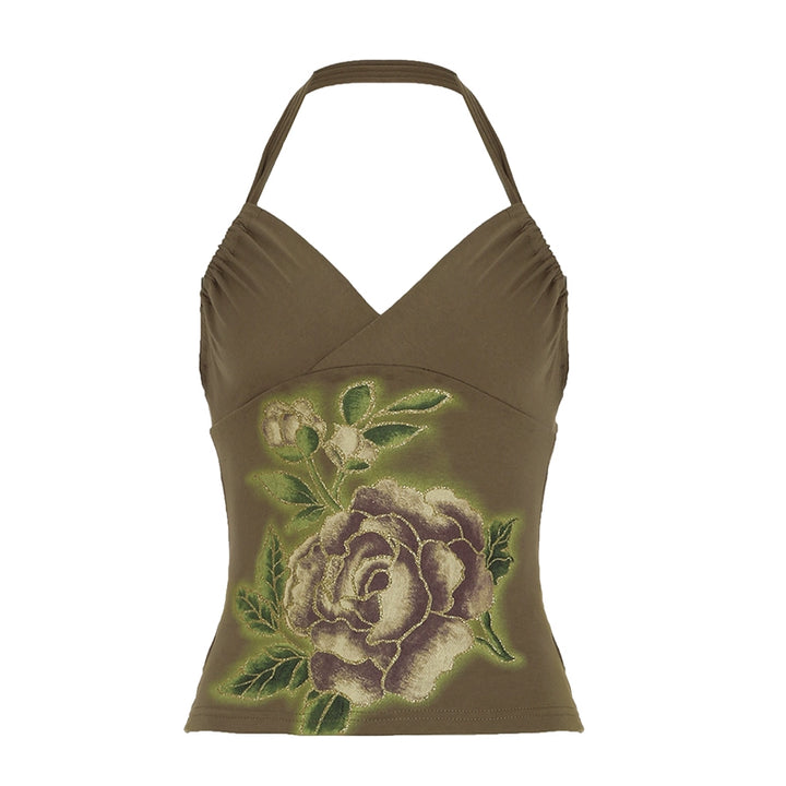 Vintage Rose Halter Top with Open Back – Olive Floral - Vedlit
