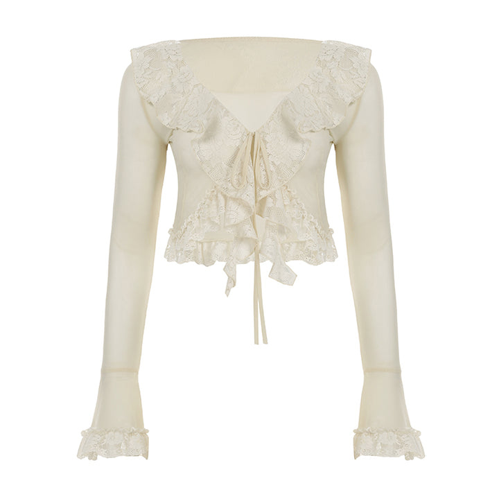 Vintage Ruffle Lace Mesh Cardigan Top with Bell Sleeves - Vedlit