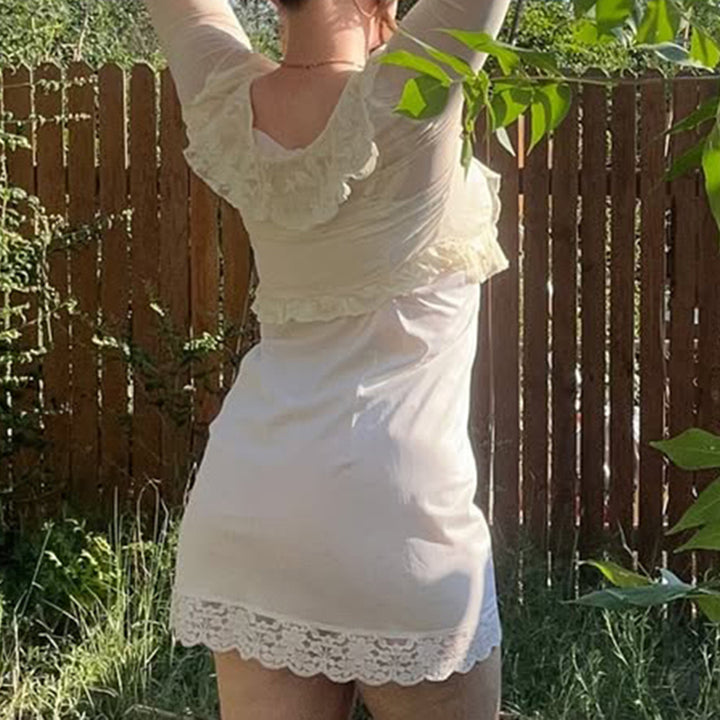 Vintage Ruffle Lace Mesh Cardigan Top with Bell Sleeves - Vedlit