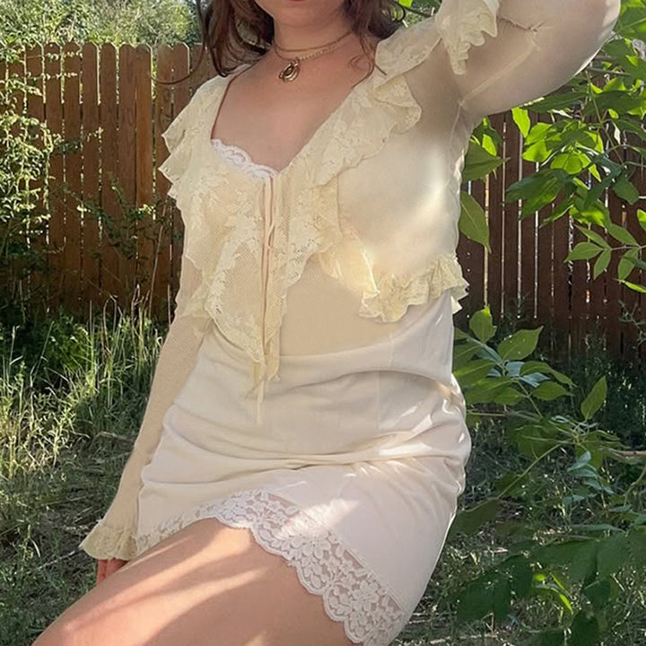 Vintage Ruffle Lace Mesh Cardigan Top with Bell Sleeves - Vedlit