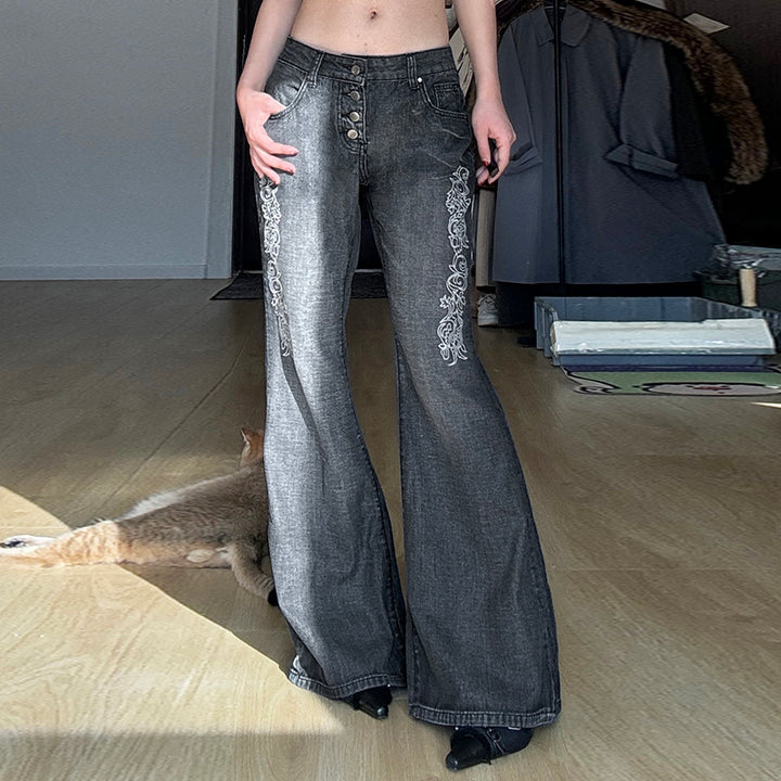 Vintage Wash Embroidered Straight Leg Jeans - Vedlit