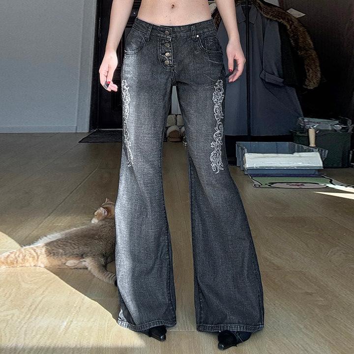 Vintage Wash Embroidered Straight Leg Jeans - Vedlit