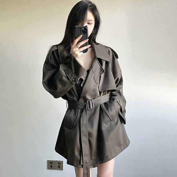 Vintage Wide Lapel Belted Trench Coat - Vedlit