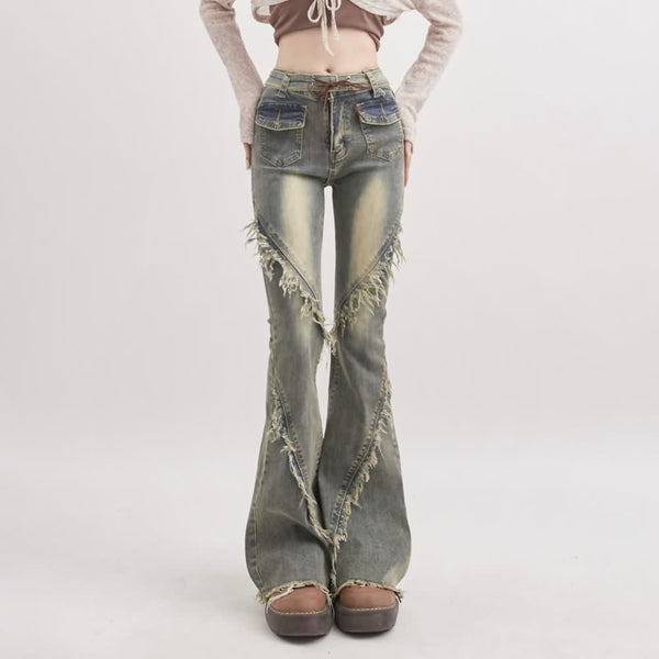 Vintage Y2K Distressed Frayed Hem Flare Jeans - Vedlit