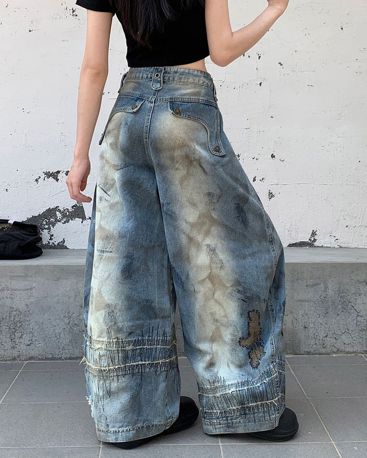 Vintage-Style Oversized Sketch Jeans - Vedlit