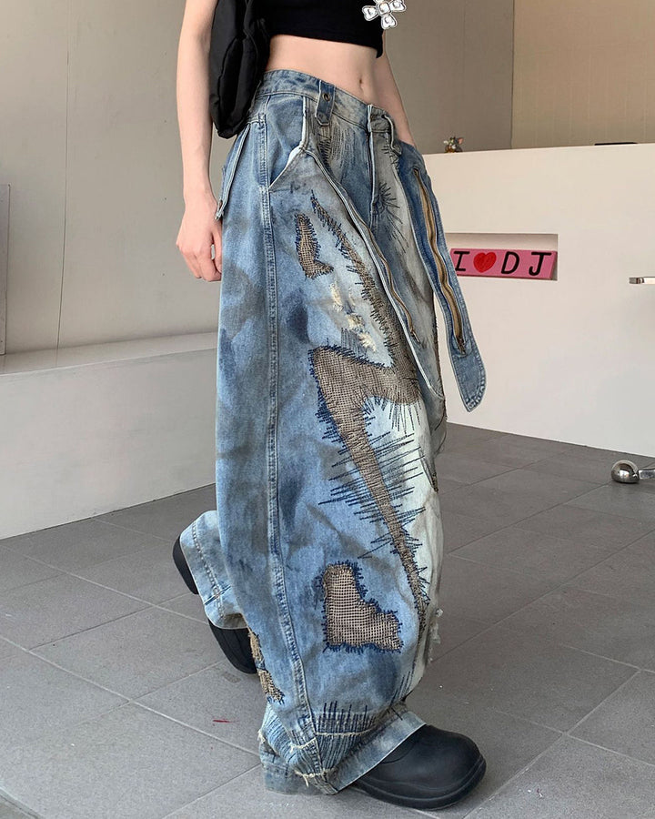 Vintage-Style Oversized Sketch Jeans - Vedlit