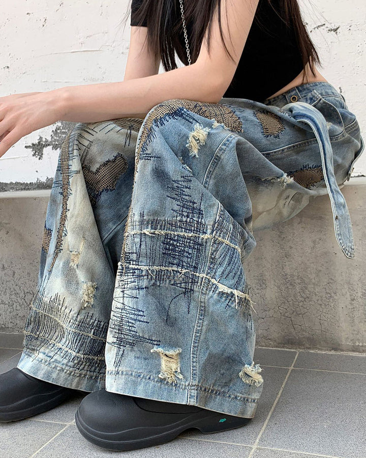 Vintage-Style Oversized Sketch Jeans - Vedlit