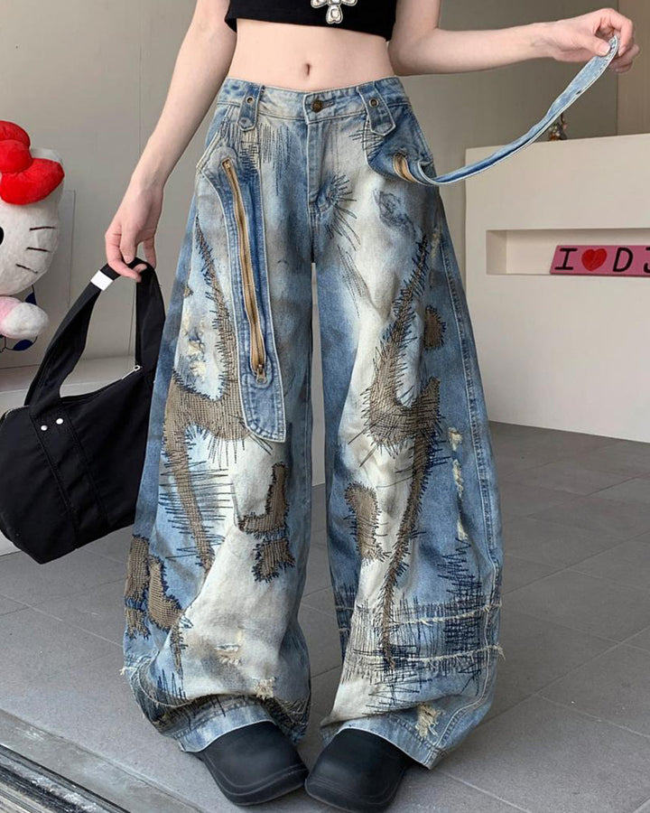 Vintage-Style Oversized Sketch Jeans - Vedlit